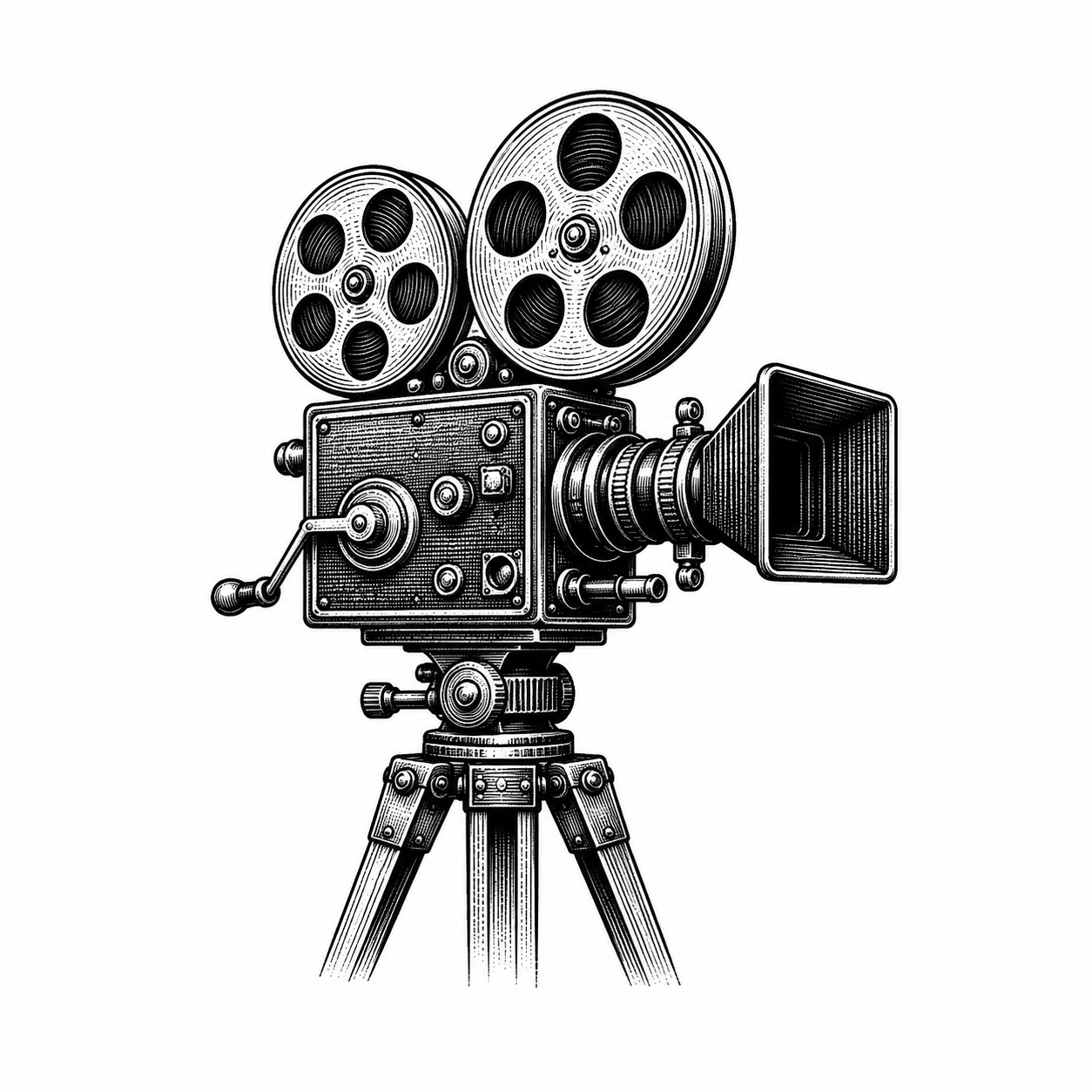 Illustrazione incisa di una macchina cinematografica.